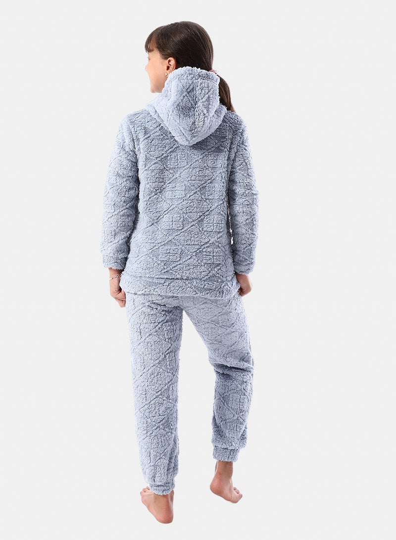 Andora Lattice Pattern Fur Hooded Girls' Pajama - Light Blue - Image 4