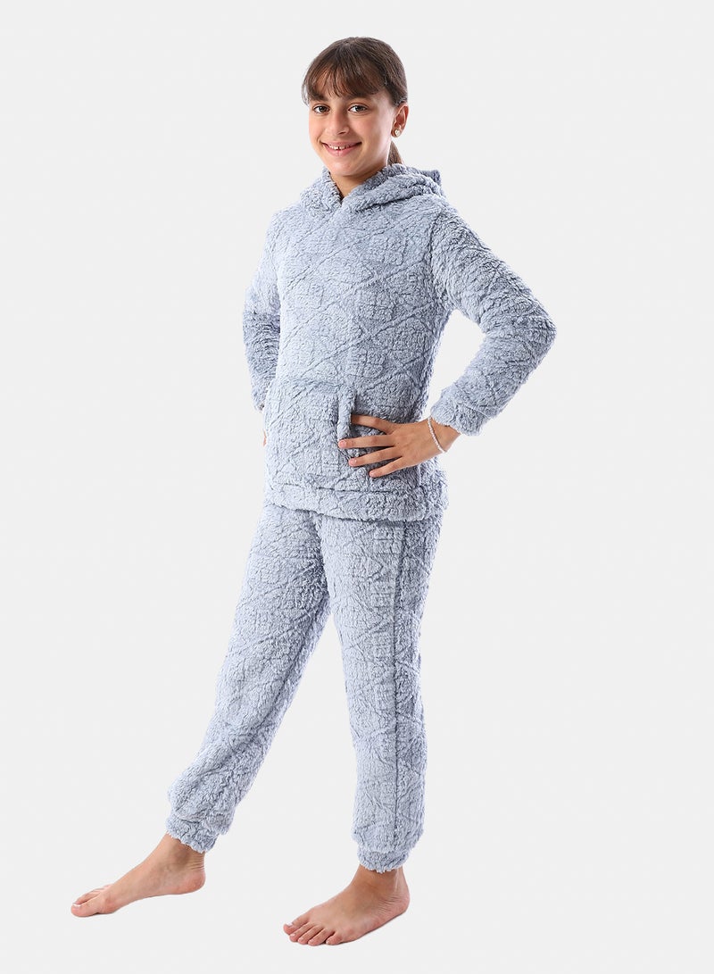 Andora Lattice Pattern Fur Hooded Girls' Pajama - Light Blue - Image 2