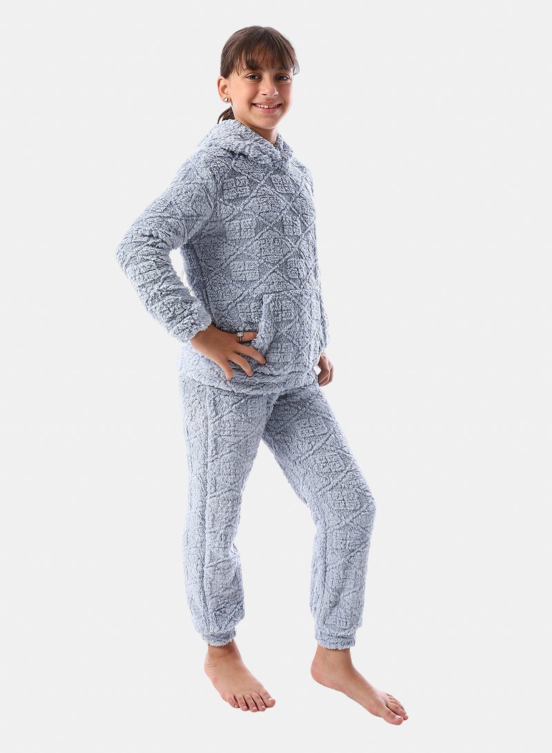 Andora Lattice Pattern Fur Hooded Girls' Pajama - Light Blue - Image 3