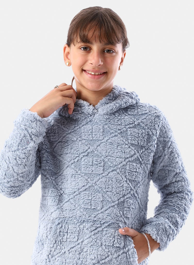 Andora Lattice Pattern Fur Hooded Girls' Pajama - Light Blue - Image 5