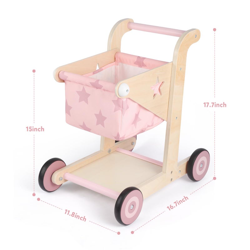 Asweets 2 in 1 Wooden Baby Walker Push and Pull Doll Stroller, Shopping Cart Learning Walker for Boys and Girls, Sit Stand Learning Toddler Toy (Pink) - Image 2