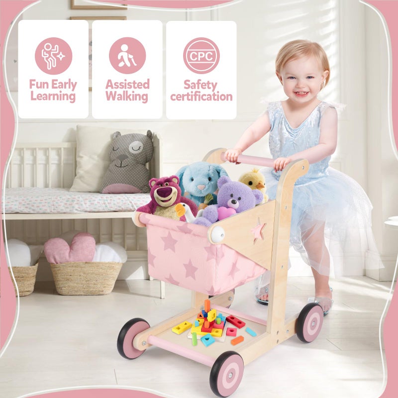 Asweets 2 in 1 Wooden Baby Walker Push and Pull Doll Stroller, Shopping Cart Learning Walker for Boys and Girls, Sit Stand Learning Toddler Toy (Pink) - Image 3