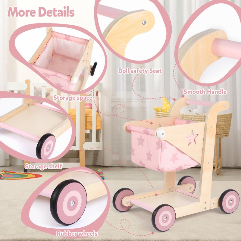 Asweets 2 in 1 Wooden Baby Walker Push and Pull Doll Stroller, Shopping Cart Learning Walker for Boys and Girls, Sit Stand Learning Toddler Toy (Pink) - Image 5