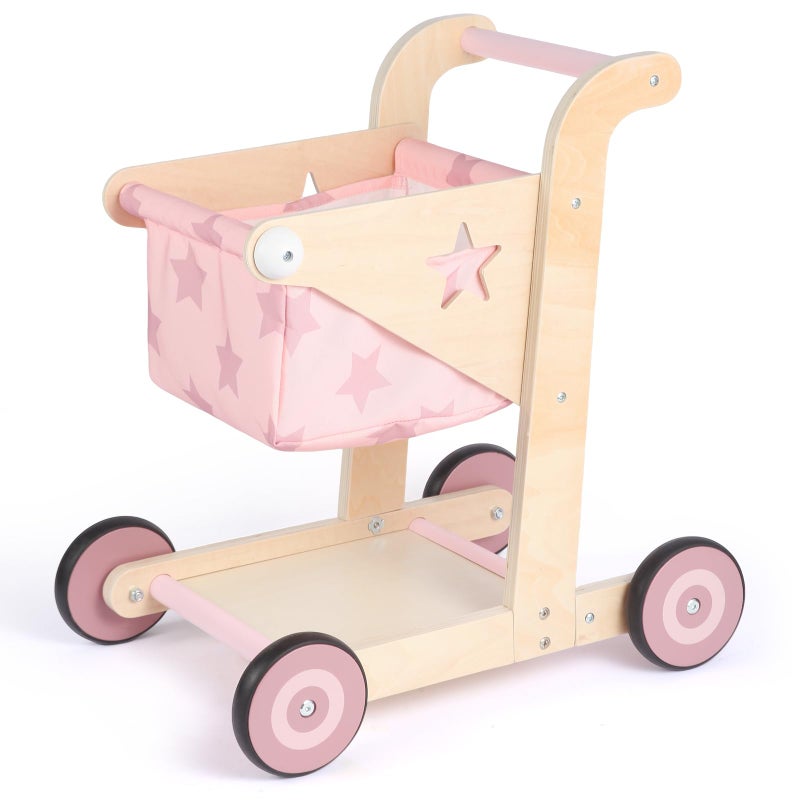 Asweets 2 in 1 Wooden Baby Walker Push and Pull Doll Stroller, Shopping Cart Learning Walker for Boys and Girls, Sit Stand Learning Toddler Toy (Pink) - Image 1