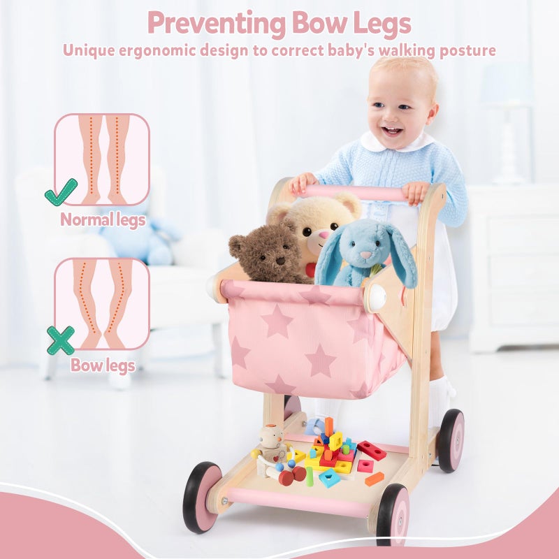 Asweets 2 in 1 Wooden Baby Walker Push and Pull Doll Stroller, Shopping Cart Learning Walker for Boys and Girls, Sit Stand Learning Toddler Toy (Pink) - Image 4