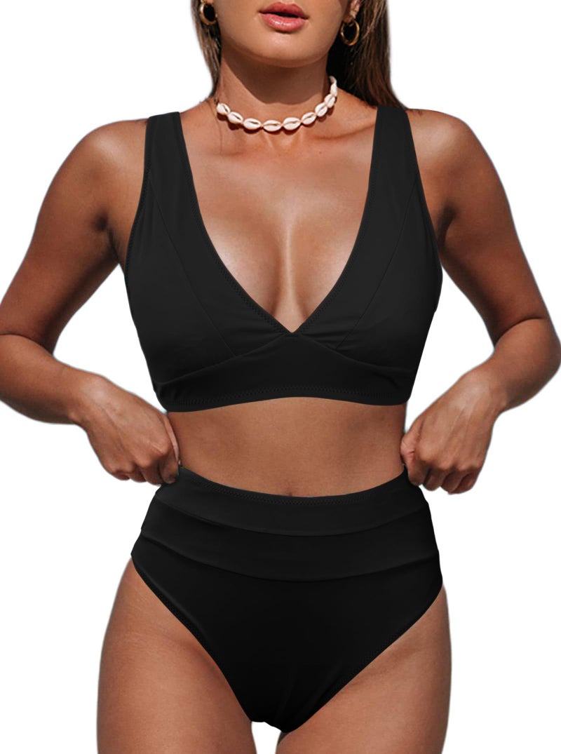 Hilinker Women's Bikini Sets V Neck High Waisted Swimsuits 2 Piece Bathing Suits All Black Small - Image 1