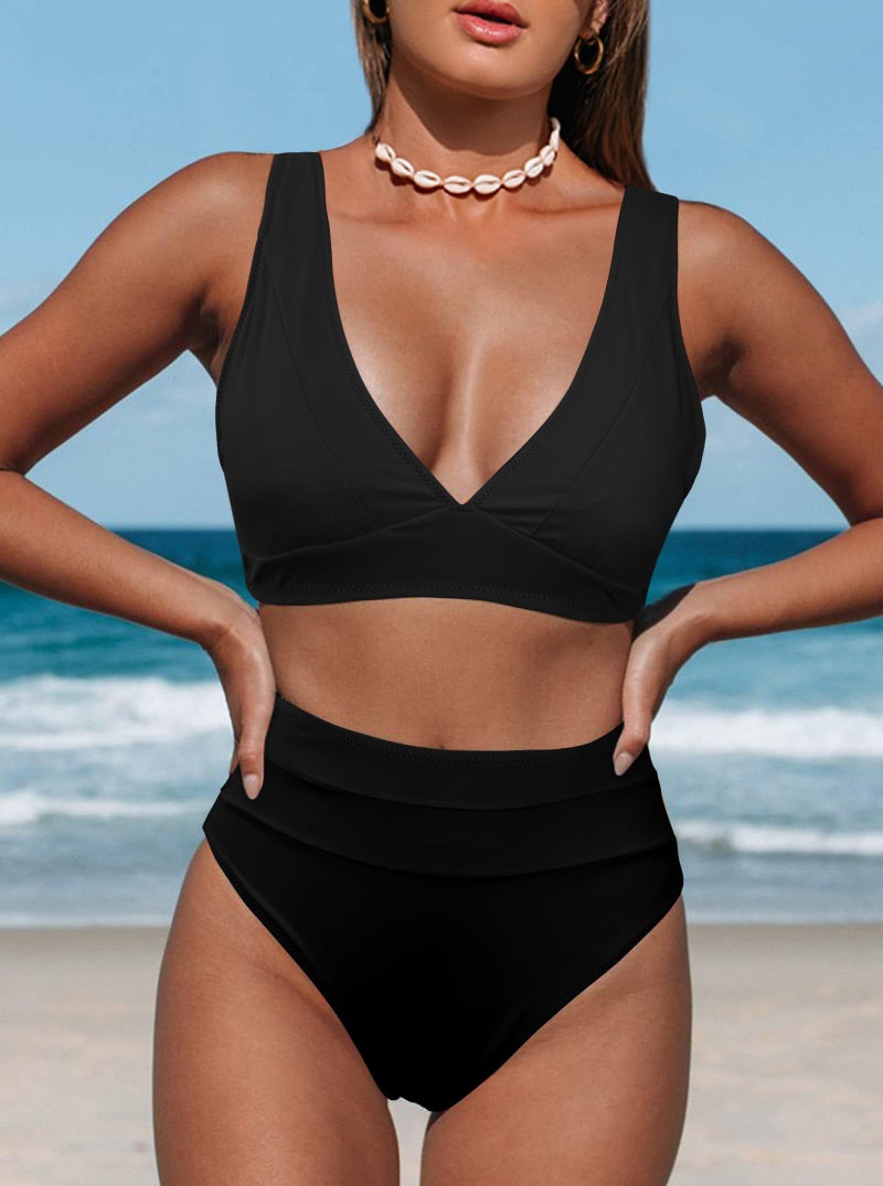 Hilinker Women's Bikini Sets V Neck High Waisted Swimsuits 2 Piece Bathing Suits All Black Small - Image 2