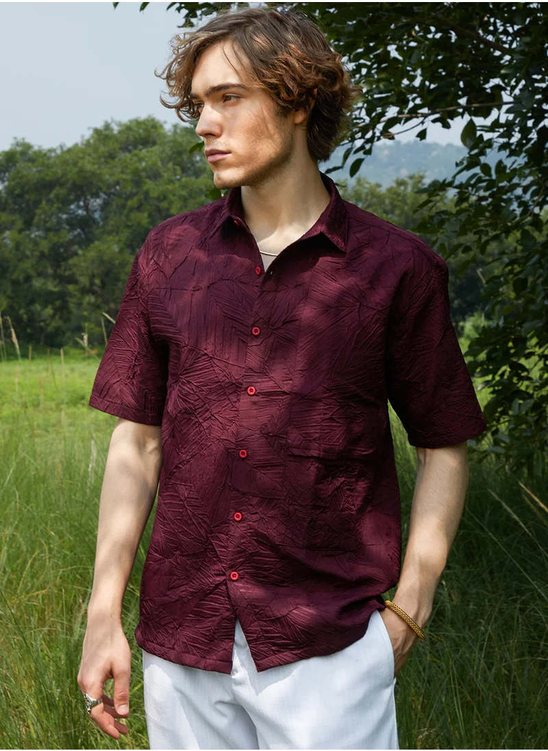 Campus Sutra Men's Wine Red Foliage-Tactile Shirt