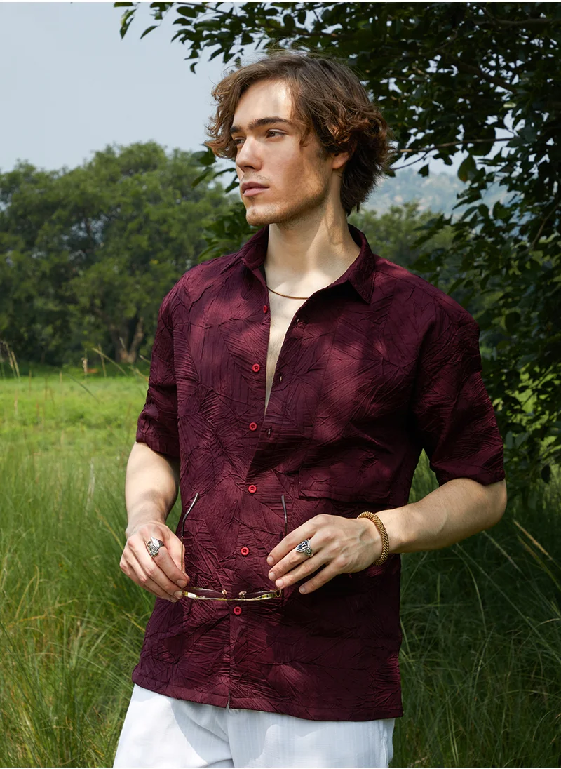 Campus Sutra Men's Wine Red Foliage-Tactile Shirt