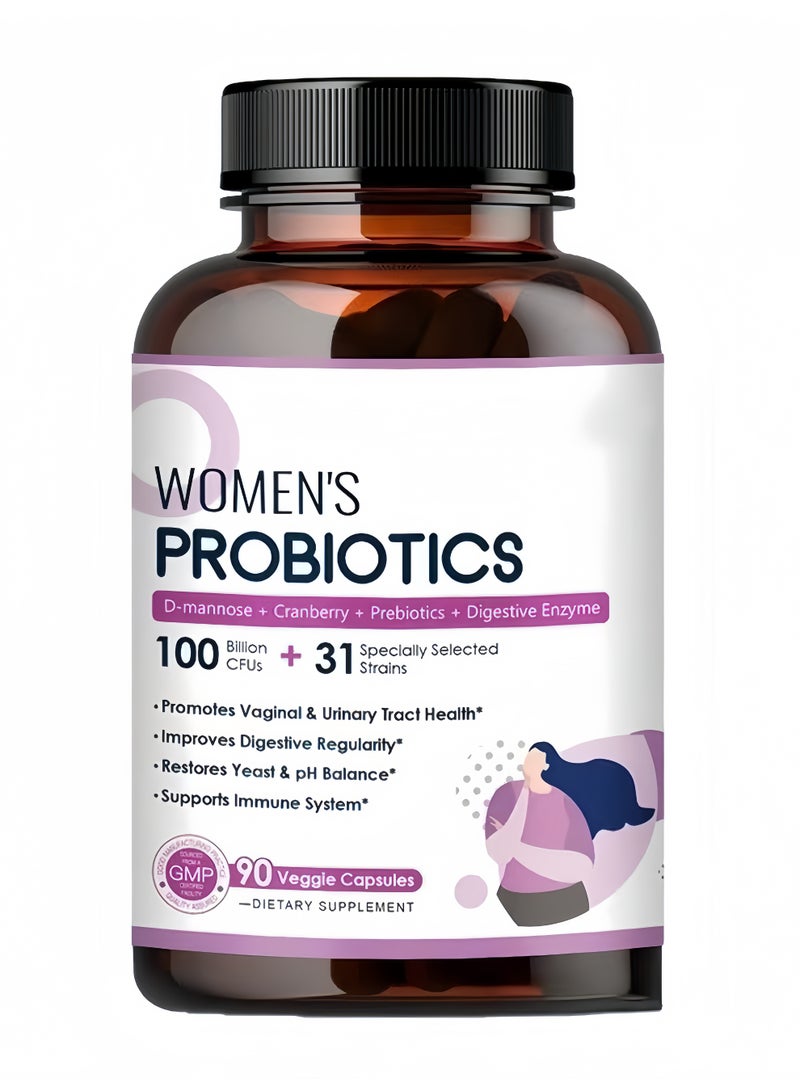 Probiotics Women's Probiotic Supplement with 100 Billion CFU + 31 Strains, Blended with D-Mannose, Cranberry & Digestive Enzymes, Dual Protection for Digestion and Intimate Health, 90 Capsules - Image 1