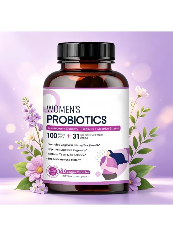 Probiotics Women's Probiotic Supplement with 100 Billion CFU + 31 Strains, Blended with D-Mannose, Cranberry & Digestive Enzymes, Dual Protection for Digestion and Intimate Health, 90 Capsules - Image 1