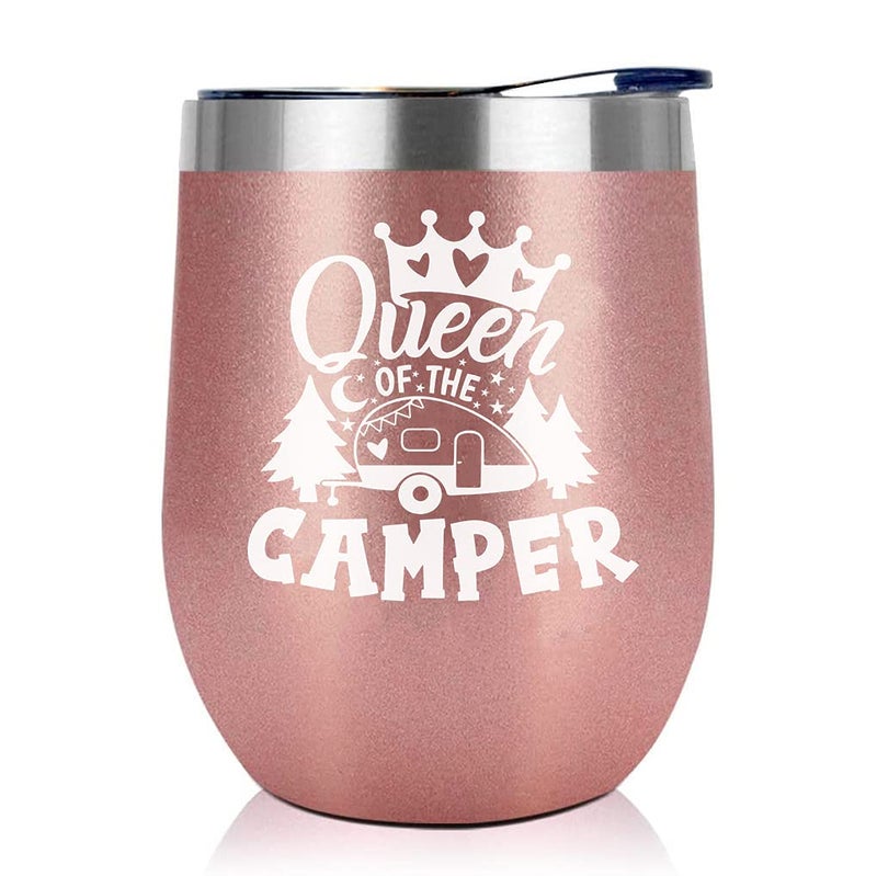 Joyloce Queen of The Camper Wine Tumbler Camping Coffee Mug Cup Women Campers Stemless Tumblers with Lid Stainless Steel Insulated Vacuum 12 Oz RV Gifts for Camping Lovers Outdoors Hiking