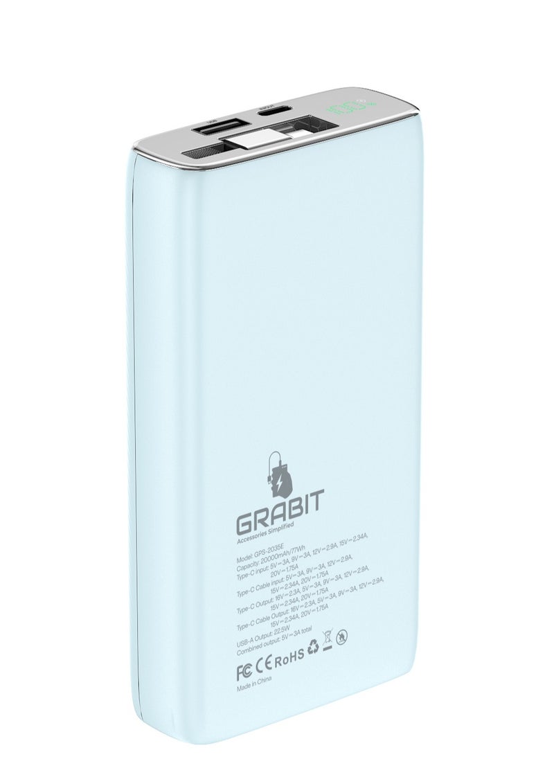 GRABIT - GPS-2035E Power Bank 20,000mAh 35W PD Power Station Fast & Reliable, Charge laptops, iPads, and smartphones with 35W PD fast charging and a 20,000mAh capacity. Features USB-A & USB-C ports, digital power indicator, and over-current protection. Includes built-in USB-C to USB-C cable. Compatible with MacBooks, iPads, Samsung, OnePlus, Xiaomi, Huawei, Google Pixel, iPhone, and more. Ideal for work, travel, and daily use. - Image 1