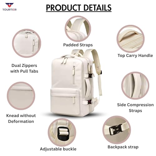 TOURTIER Expandable Laptop Backpack with USB Charging Port, 15.6-Inch Travel & College Bag for Men & Women (OFFWHITE) - Image 3