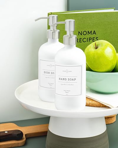 Vine Creations White Glass Soap Dispenser, 2 Pack Kitchen Soap Dispenser Set with Stainless Steel Pump, 16 oz Dish Soap and Hand Soap Dispensers for Bathroom with Waterproof Labels - Image 3