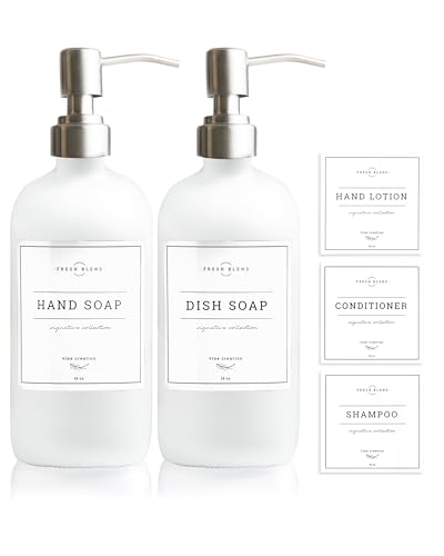 Vine Creations White Glass Soap Dispenser, 2 Pack Kitchen Soap Dispenser Set with Stainless Steel Pump, 16 oz Dish Soap and Hand Soap Dispensers for Bathroom with Waterproof Labels - Image 1