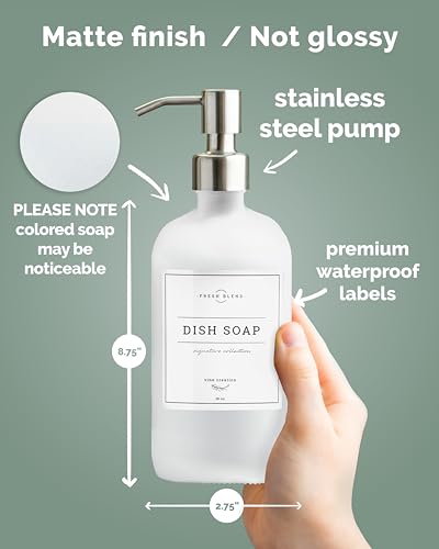 Vine Creations White Glass Soap Dispenser, 2 Pack Kitchen Soap Dispenser Set with Stainless Steel Pump, 16 oz Dish Soap and Hand Soap Dispensers for Bathroom with Waterproof Labels - Image 4