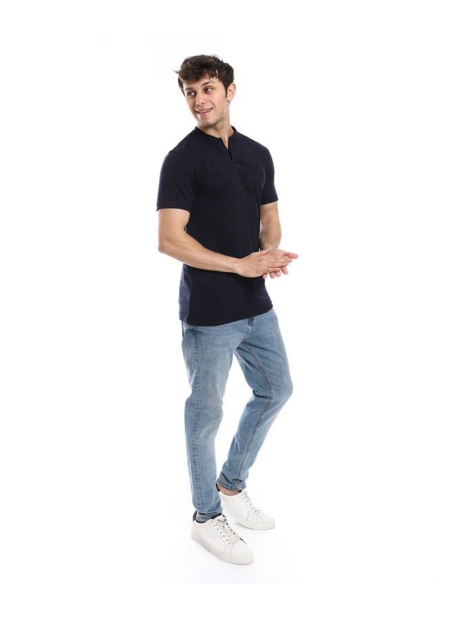 Andora Basic T-Shirt Henely Neck Cotton Men Short Sleeve _ Navy Blue - Image 1