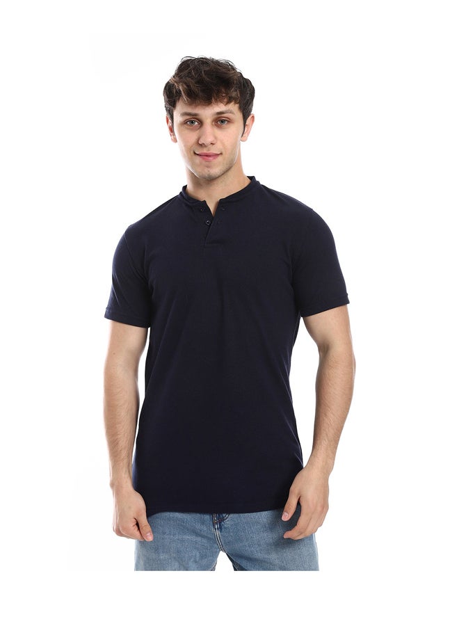 Andora Basic T-Shirt Henely Neck Cotton Men Short Sleeve _ Navy Blue - Image 2