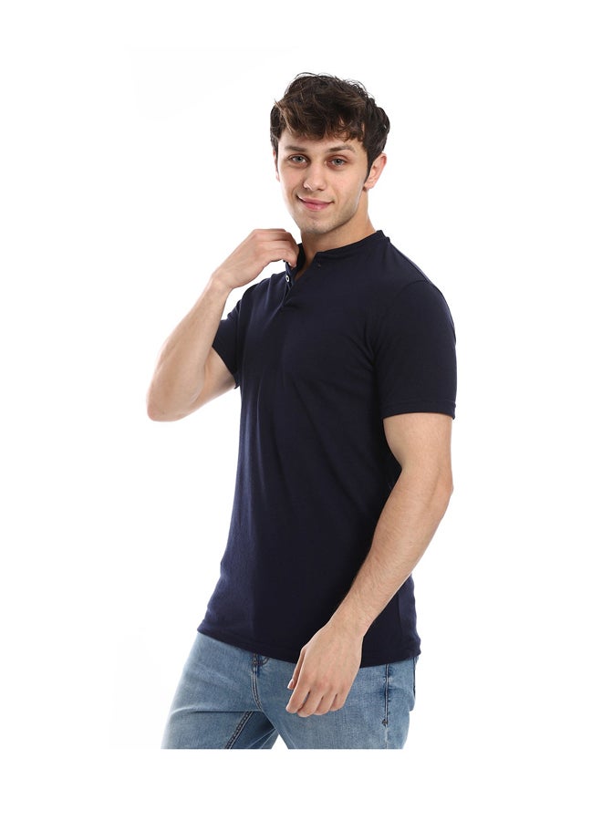 Andora Basic T-Shirt Henely Neck Cotton Men Short Sleeve _ Navy Blue - Image 5