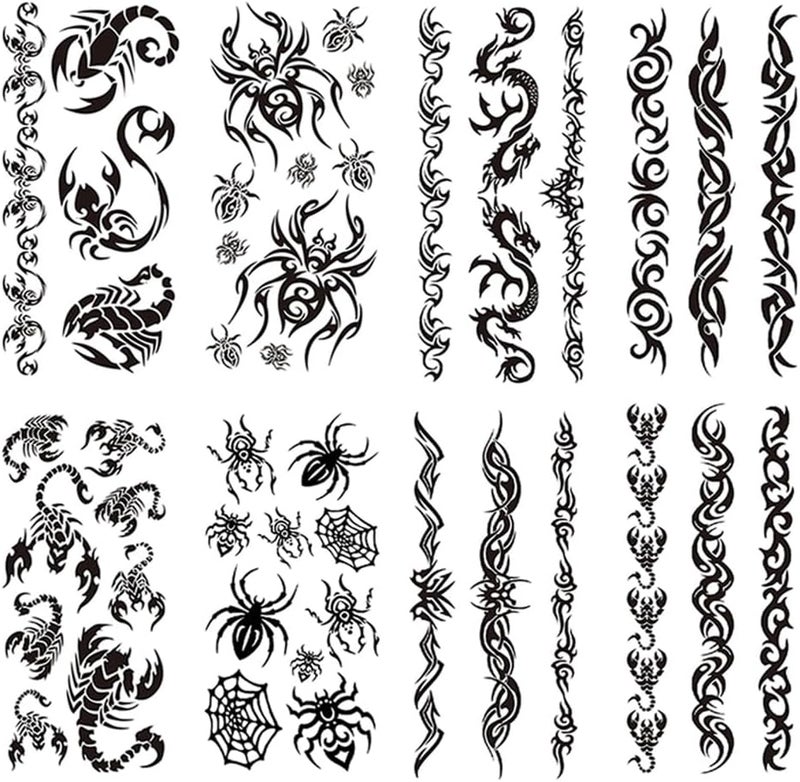 Yesallwas 8 Sheets Tribal Tattoos Spider Tattoos Dragon Temporary Tattoo Black Totem Pattern Tattoo Body Sticker for Men Women 354X748 inches LXW