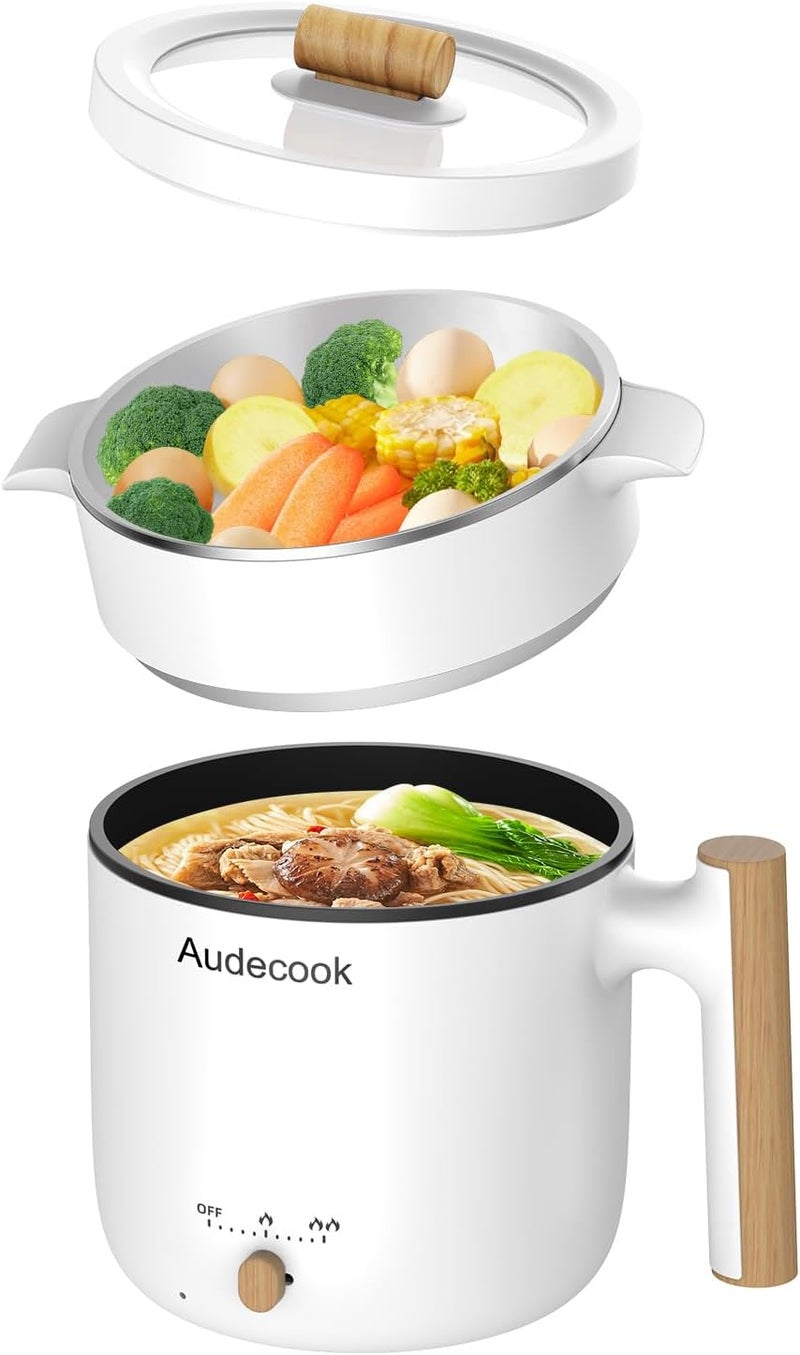 Audecook قدر أوديكوك الكهربائي مع مبخرة، سعة 1.8 لتر، طباخ سفر صغير محمول، مقلاة كهربائية غير لاصقة متعددة الوظائف للقلي/الطبخ/التبخير، مثالية لنودلز الرامن/المعكرونة/البيض/الحساء/الشوفان (أبيض) - Image 1