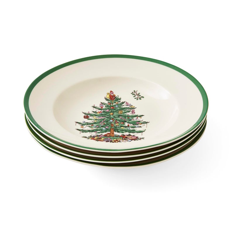 Spode Christmas Tree 9"" Soup Plate (Set of 4) - Stoneware Soup Bowls with Festive Tree Design & Green Rim  Ideal for Serving Soup  Pasta  Salad - Microwave & Dishwasher Safe Holiday Dinnerware - Image 1