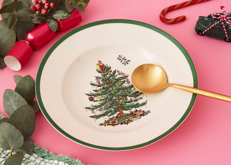Spode Christmas Tree 9"" Soup Plate (Set of 4) - Stoneware Soup Bowls with Festive Tree Design & Green Rim  Ideal for Serving Soup  Pasta  Salad - Microwave & Dishwasher Safe Holiday Dinnerware - Image 3
