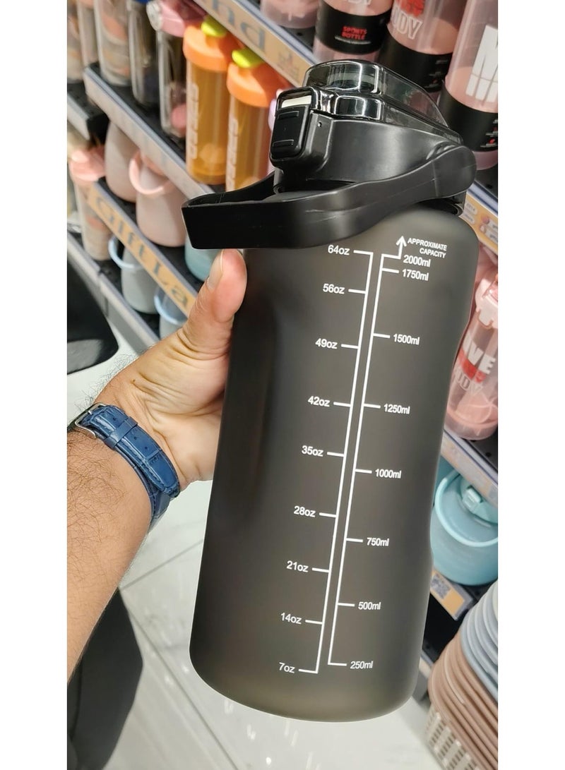 Black Motivational Water Bottle with Time Marker, 2 Liter / 64oz Large Capacity