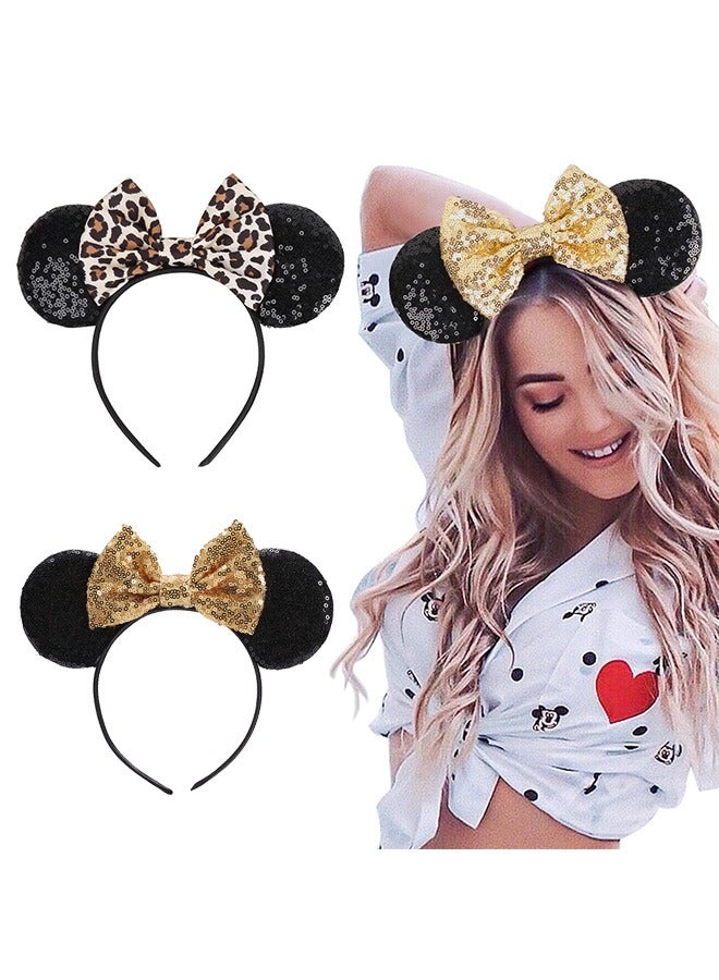 2Pcs Mouse Ear Bow Headbands Glitter Hairbands for Women Girls Princess Decoration Party Cosplay Costume Leopard Print Bow and Gold Bow - Image 1