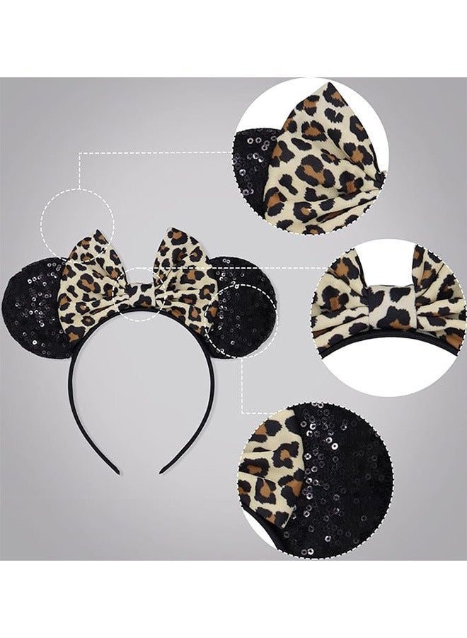 2Pcs Mouse Ear Bow Headbands Glitter Hairbands for Women Girls Princess Decoration Party Cosplay Costume Leopard Print Bow and Gold Bow - Image 2