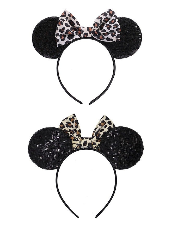 2Pcs Mouse Ear Bow Headbands Glitter Hairbands for Women Girls Princess Decoration Party Cosplay Costume Leopard Print Bow and Gold Bow - Image 3
