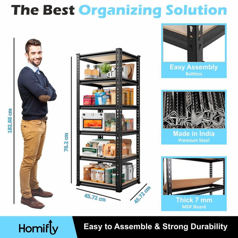 HOMIFLY HOMIFLY 5Tier Metal Adjustable Bolt Less Storage ShelvesHeavyDuty Rack for KitchenStorage for BedroomPantryWarehouseBooksCorner Storage CabinetDurable Organizer Shelving UnitBlack  - Image 3