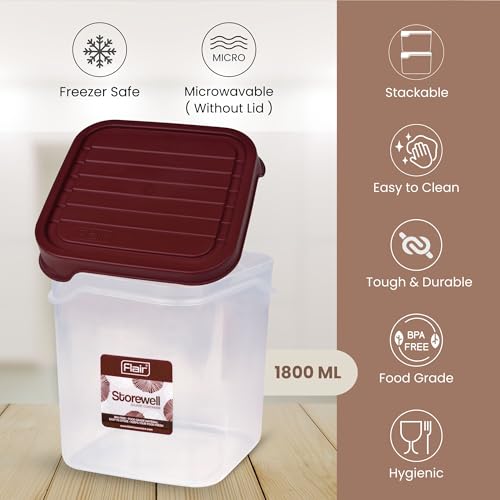 FLAIR Storewell Square Food Storage Containers Set of 4 (1800 ML)- Maroon, Air Tight Containers for Kitchen Storage Ideal kitchen box for Rice, Atta and Grains, BPA-Free, Food Grade - Image 2