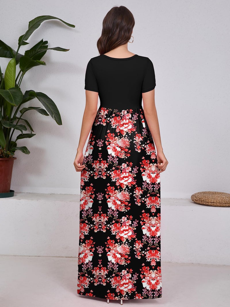 DEARCASE Women Long Dress Flower Red Black X-Large Crewneck Boho Short Sleeve Maxi A-line Loose Casual Hawaiian Flowy Party Vintage Spring Summer Beach Dresses with Pockets - Image 2