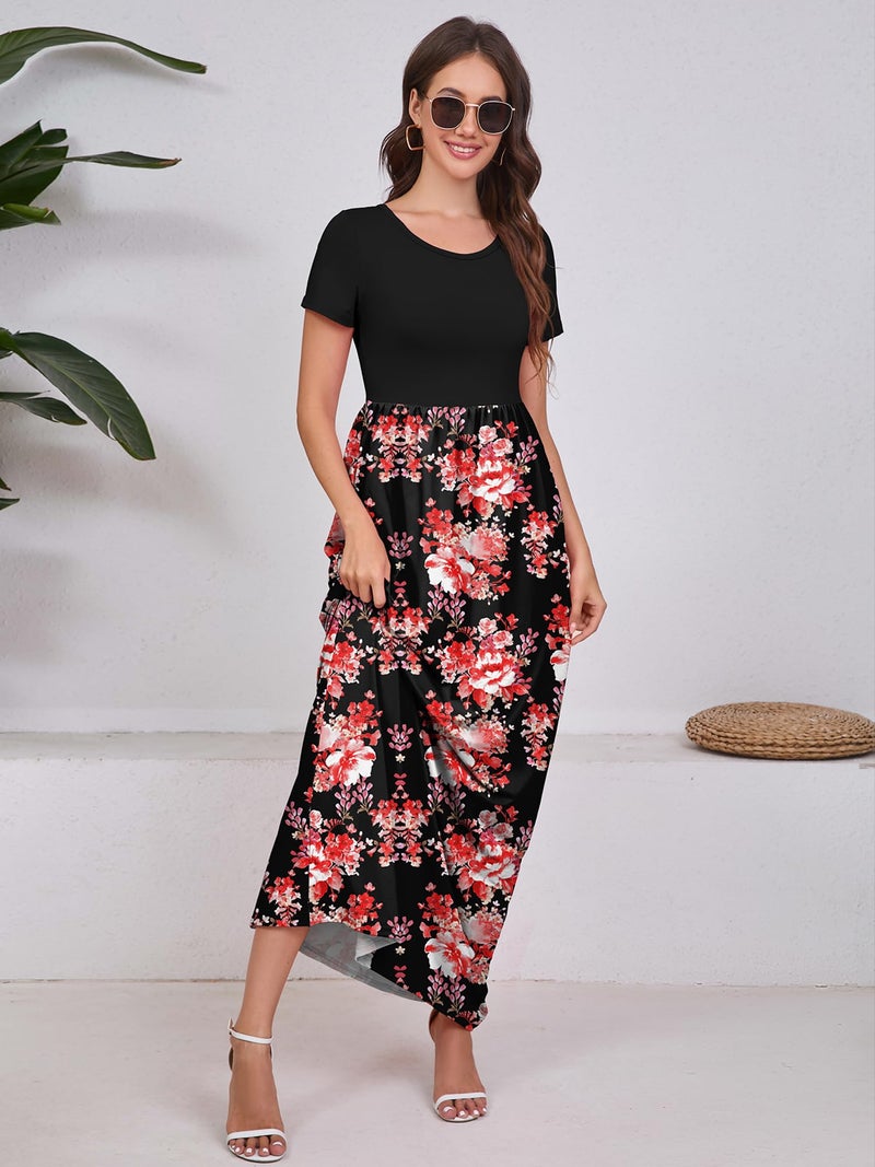 DEARCASE Women Long Dress Flower Red Black X-Large Crewneck Boho Short Sleeve Maxi A-line Loose Casual Hawaiian Flowy Party Vintage Spring Summer Beach Dresses with Pockets - Image 4