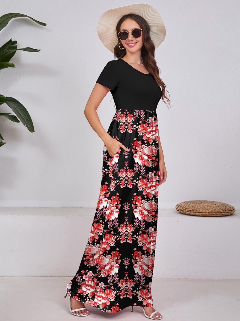 DEARCASE Women Long Dress Flower Red Black X-Large Crewneck Boho Short Sleeve Maxi A-line Loose Casual Hawaiian Flowy Party Vintage Spring Summer Beach Dresses with Pockets - Image 5