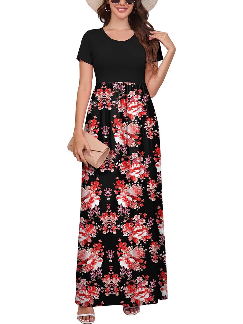 DEARCASE Women Long Dress Flower Red Black X-Large Crewneck Boho Short Sleeve Maxi A-line Loose Casual Hawaiian Flowy Party Vintage Spring Summer Beach Dresses with Pockets - Image 1