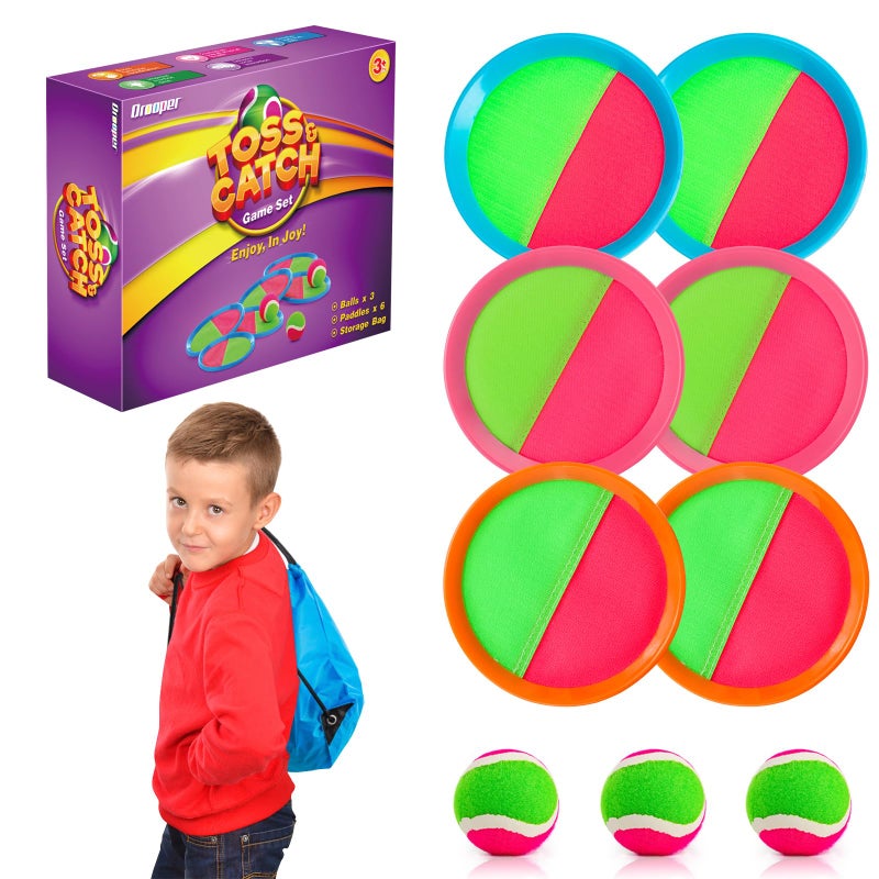 Qrooper Toss and Catch Ball Set for Kids Outdoor Beach Toys Pool Toys Catch Game with 6 Paddles and 3 Balls Outdoor Yard Games for 412 Years Old Boys Girls Adults