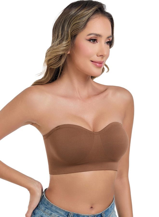 ANGOOL Strapless Bras for Women Wirefree Non-Slip Tube Top Invisible Bralette Seamless Padded Bandeau Bra, Brown, M - Image 2
