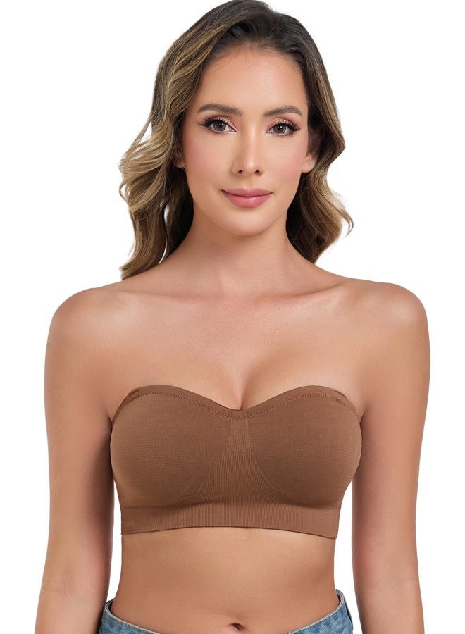 ANGOOL Strapless Bras for Women Wirefree Non-Slip Tube Top Invisible Bralette Seamless Padded Bandeau Bra, Brown, M - Image 1