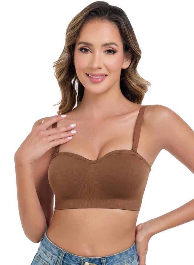 ANGOOL Strapless Bras for Women Wirefree Non-Slip Tube Top Invisible Bralette Seamless Padded Bandeau Bra, Brown, M - Image 4