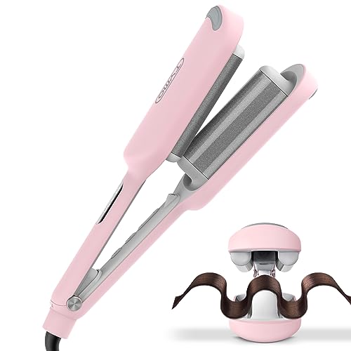 TYMO Curling Iron Hair Crimper Waver - TYMO ROVY Beach Waves Curling Wand, Ionic Deep Waver Hair Curler Tool with Ceramic 3 Barrel for Women, Dual Voltage, Anti-Scald, Easy to Use, Pink, 1.25 Inch - Image 1