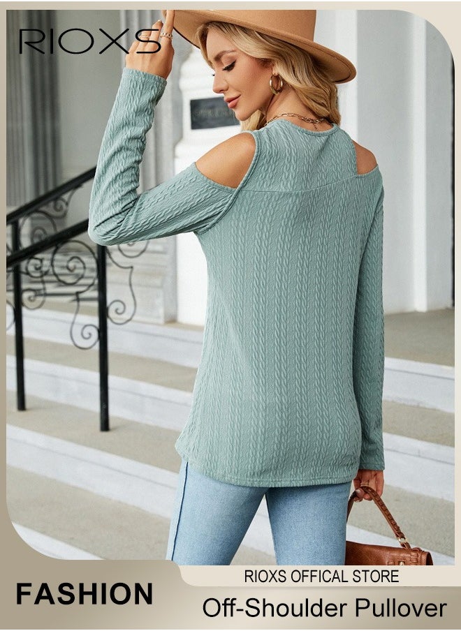 RIOXS Women's Casual Long Sleeve Blouse Round Neck Off-Shoulder Pullover Shirt Soft and Comfortable Top for Fall  - Image 3
