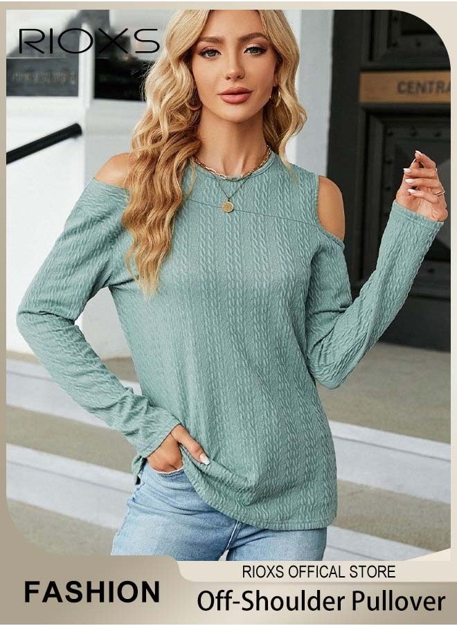 RIOXS Women's Casual Long Sleeve Blouse Round Neck Off-Shoulder Pullover Shirt Soft and Comfortable Top for Fall  - Image 1