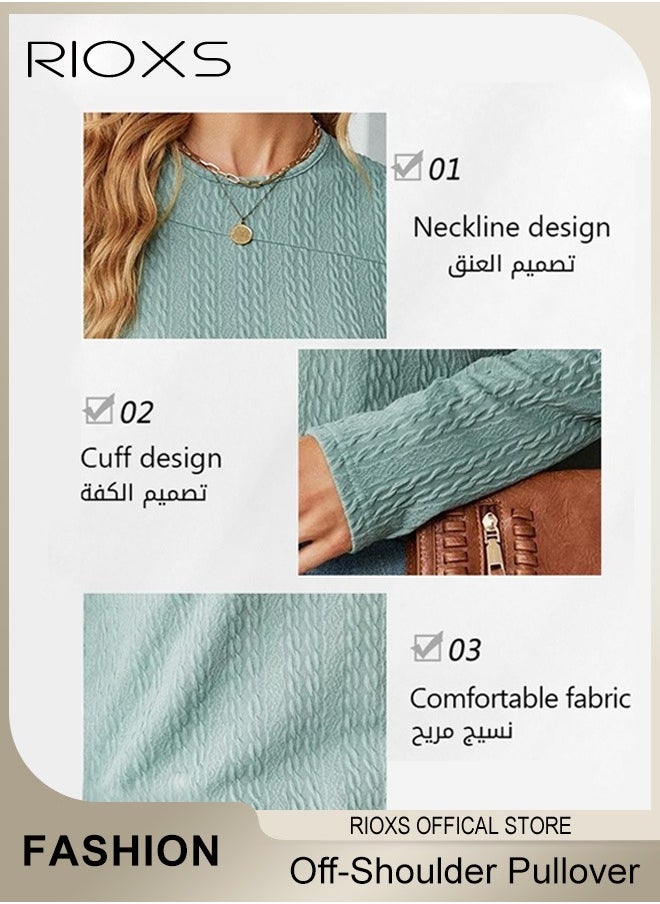 RIOXS Women's Casual Long Sleeve Blouse Round Neck Off-Shoulder Pullover Shirt Soft and Comfortable Top for Fall  - Image 5