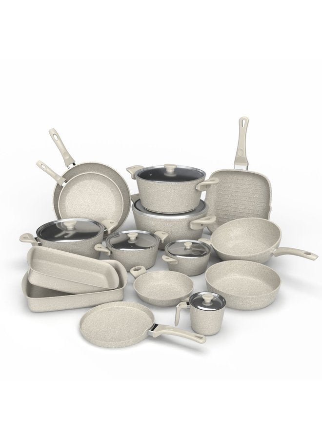 توب شيف جرانيت طقم 21 ق ( ح 18-20-24-26-30 / م 24-30 / ووك 28 / جريل 28 / لبانة 16 / ص 30 / كريب 28 / طبق بيض 22 / طاجن 30-35 ) بيج