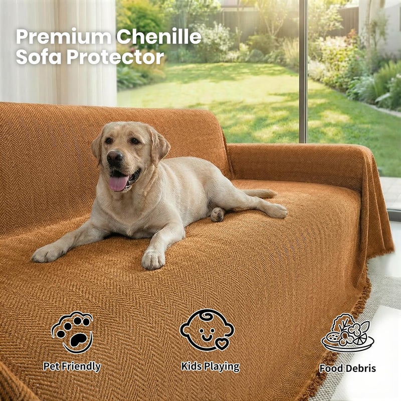 Nobildonna Chenille Couch Cover for Sofa Cover Washable Pet Scratch Couch Covers Tassel Sofa Slipcover for 2 Cushion Couch Furniture Protector Couch Cover Blanket for Living Room,Clay Brown 71"x118" - Image 2
