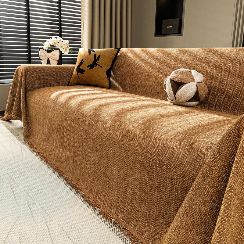 Nobildonna Chenille Couch Cover for Sofa Cover Washable Pet Scratch Couch Covers Tassel Sofa Slipcover for 2 Cushion Couch Furniture Protector Couch Cover Blanket for Living Room,Clay Brown 71"x118" - Image 1