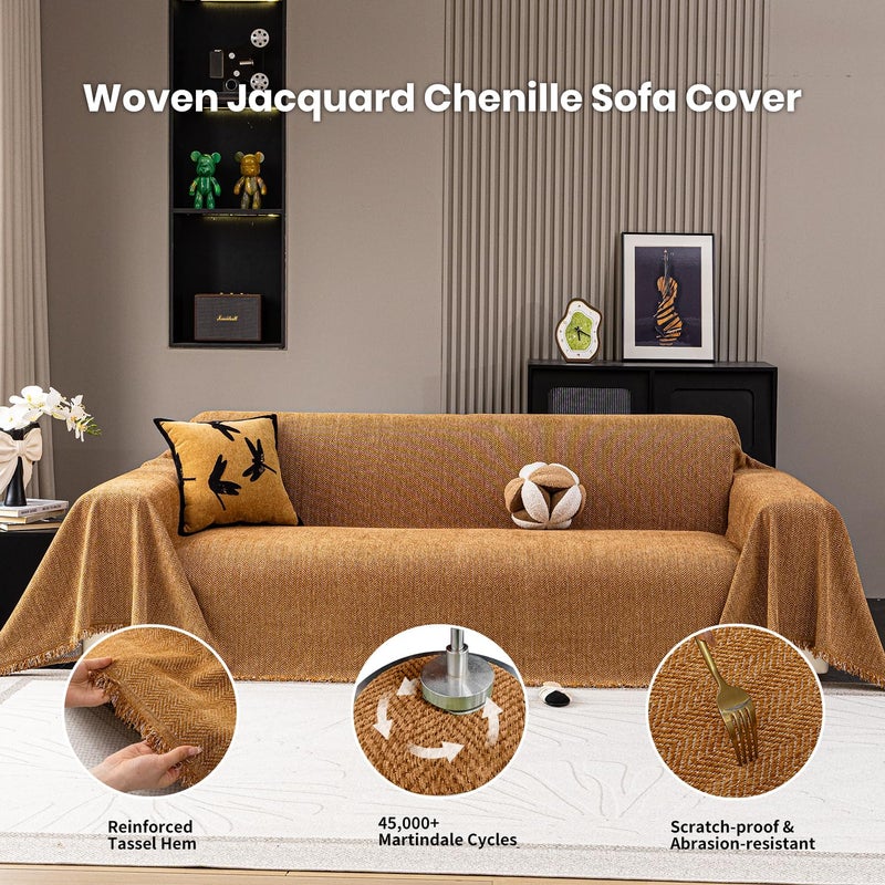 Nobildonna Chenille Couch Cover for Sofa Cover Washable Pet Scratch Couch Covers Tassel Sofa Slipcover for 2 Cushion Couch Furniture Protector Couch Cover Blanket for Living Room,Clay Brown 71"x118" - Image 4